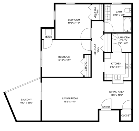 Floor plan for 2 beds, 1 bath, 1046 sqft